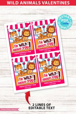 Kids Valentine Card Printable Food Valentine Gift Classroom Valentine Cute I'm Wild About You Class Valentine Exchange Cookie Circus Animals crackers snack bag non candy valentines - Press Print Party!