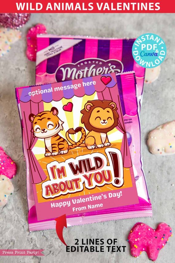 Kids Valentine Card Printable Food Valentine Gift Classroom Valentine Cute I'm Wild About You Class Valentine Exchange Cookie Circus Animals crackers snack bag non candy valentines - Press Print Party!