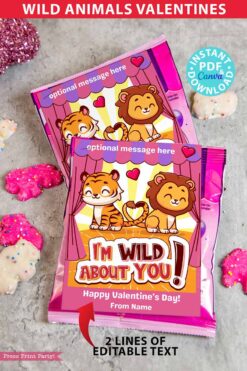 Kids Valentine Card Printable Food Valentine Gift Classroom Valentine Cute I'm Wild About You Class Valentine Exchange Cookie Circus Animals crackers snack bag non candy valentines - Press Print Party!