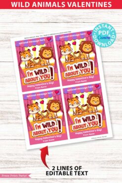 Kids Valentine Card Printable Food Valentine Gift Classroom Valentine Cute I'm Wild About You Class Valentine Exchange Cookie Circus Animals crackers snack bag non candy valentines - Press Print Party!