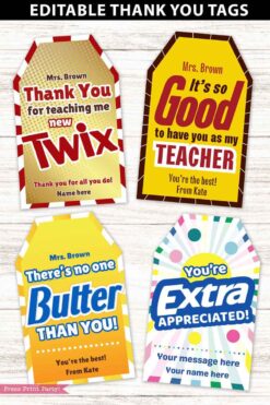 The 16 Candy Bar Thank You Gift Tags Bundle includes editable, colorful tags for teachers themed with popular brands like Twix, Good, Butter, and Extra. Personalize each tag with teacher and sender names.