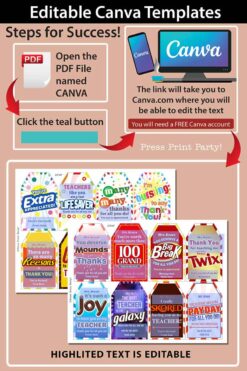 16 candy bar thank you designs bundle editable with canva printable - press print party