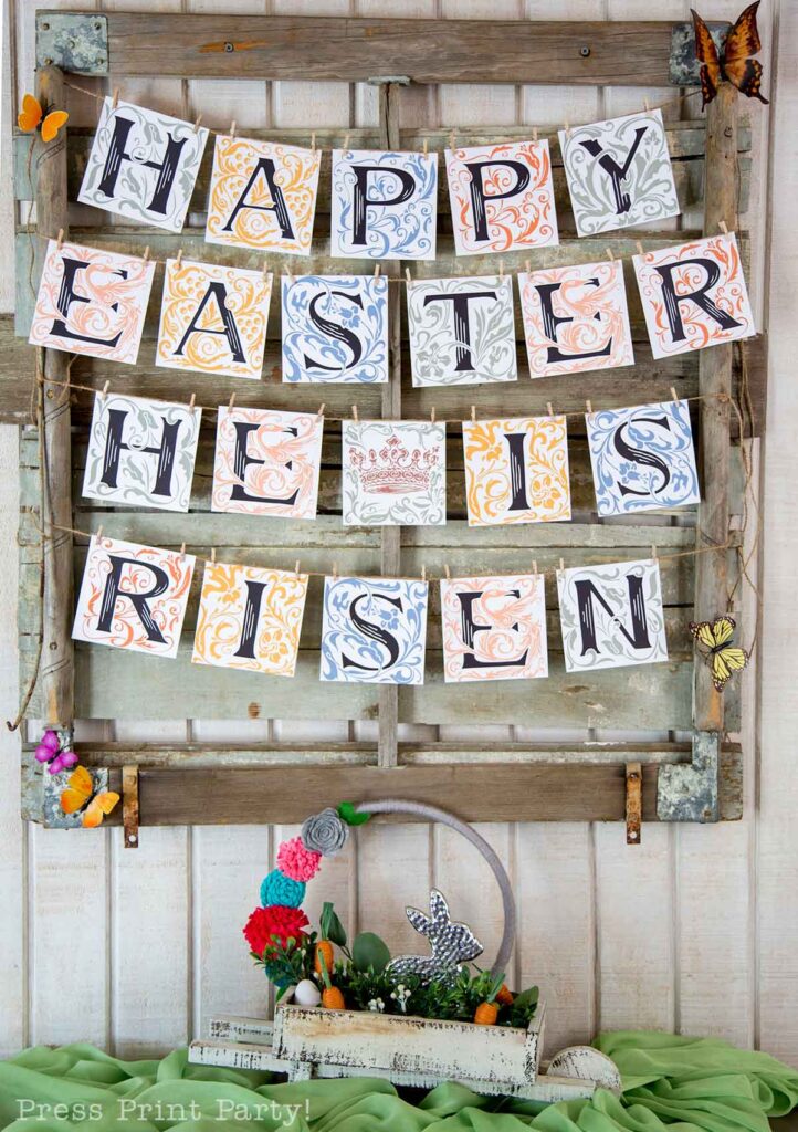 he is risen banner and happy easter banner on wood on wall - data-pin-description=