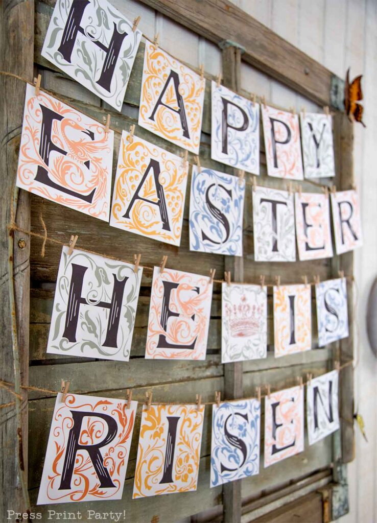 Happy Easter He is Risen free printable banner on wood with florals - Press print party