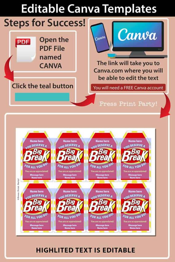 kitkat chocolate candy bar thank you gift tag you deserve a big break for all you do printable editable with canva - press print party