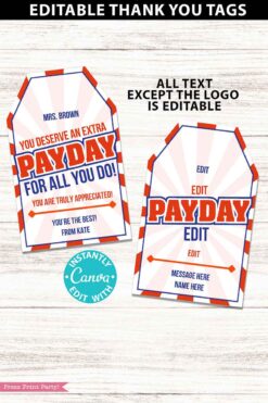 payday candy bar thank you gift tag printable editable on canva - Press Print Party