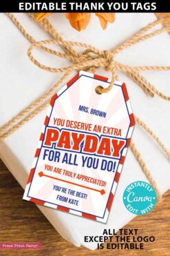 payday candy bar thank you gift tag printable editable on canva - Press Print Party