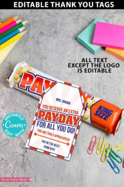 payday candy bar thank you gift tag printable editable on canva - Press Print Party