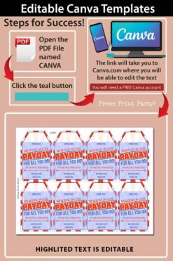 payday candy bar thank you gift tag printable editable on canva - Press Print Party