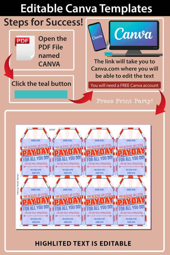 payday candy bar thank you gift tag printable editable on canva - Press Print Party