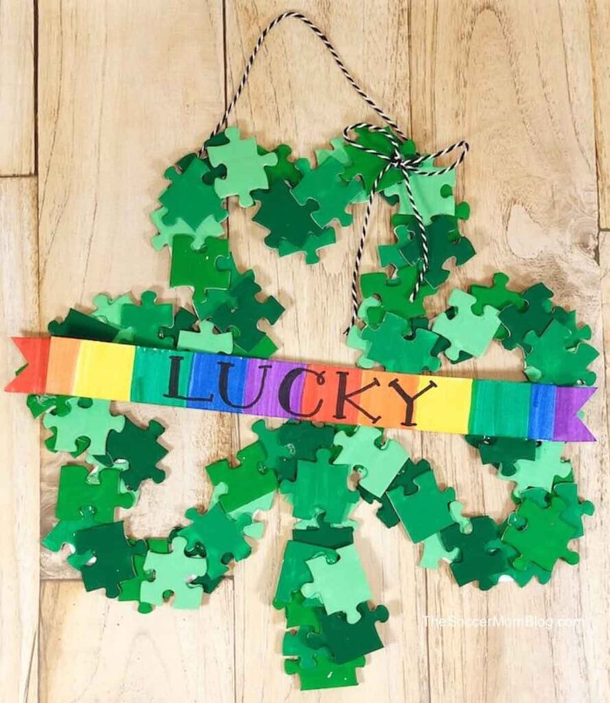 Shamrock wreath with puzzle pieces.