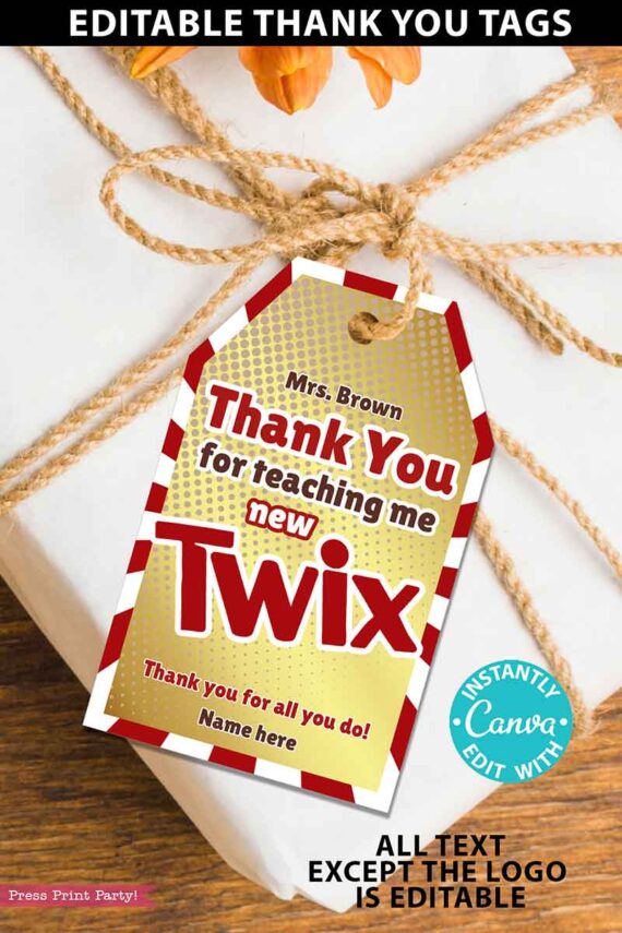 twix gift thank you tag printable on twix candy bar editable canva - Press Print party