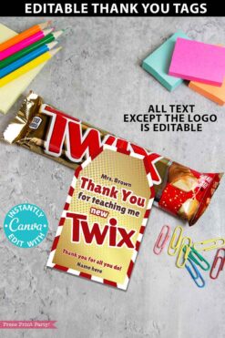 twix gift thank you tag printable on twix candy bar editable canva - Press Print party