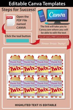 twix gift thank you tag printable on twix candy bar editable canva - Press Print party