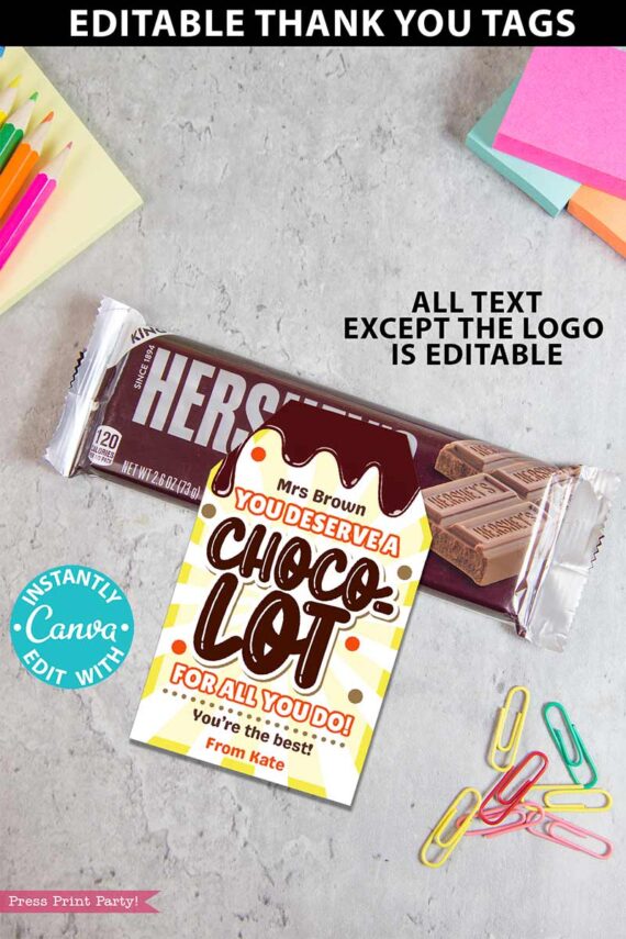 chocolate candy bar gift tag with you deserve a choco-lot of thanks for all you do. editable