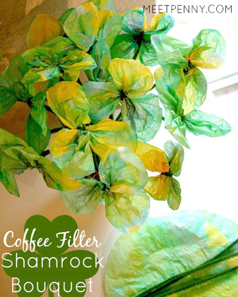 Shamrock flowers made with coffee filters.