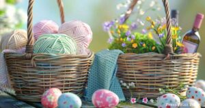 2 Easter baskets. one with yarn and one with wine and flowers