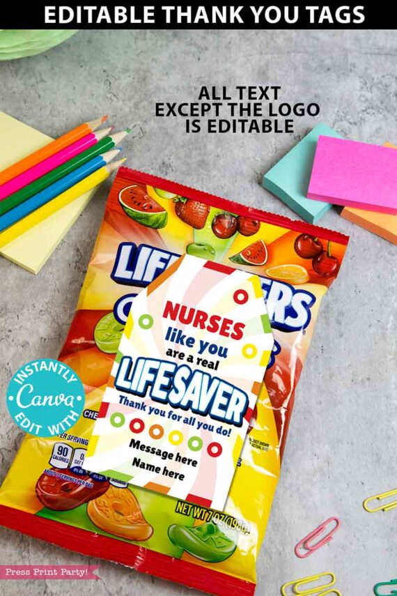 lifesaver candy pun thank you gift tag. Nurses like you are a real lifesaver. editable with Canva - printable - Press Print Party