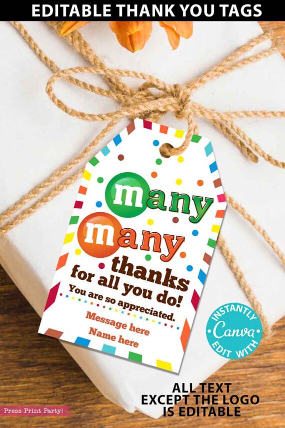 m&ms Candy Thank You Gift Tags Printable, Teacher Appreciation, Nurse, Staff, Driver, Assitant, Candy thank you sayings, Editable, gift idea, INSTANT DOWNLOAD Press Print party