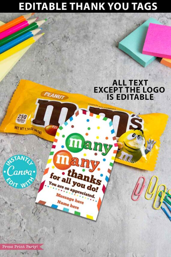 m&ms Candy Thank You Gift Tags Printable, Teacher Appreciation, Nurse, Staff, Driver, Assitant, Candy thank you sayings, Editable, gift idea, INSTANT DOWNLOAD Press Print party