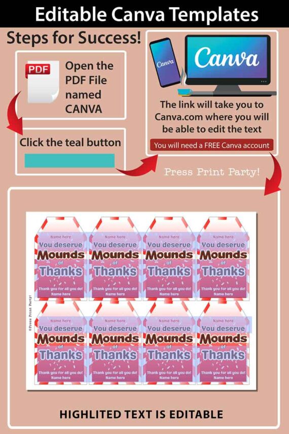 mounds candy bar thank you gift tag you deserve mounds of thanks editable with canva printable - press print party