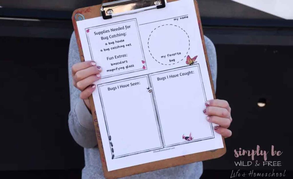 girl holding bug catching activities sheet