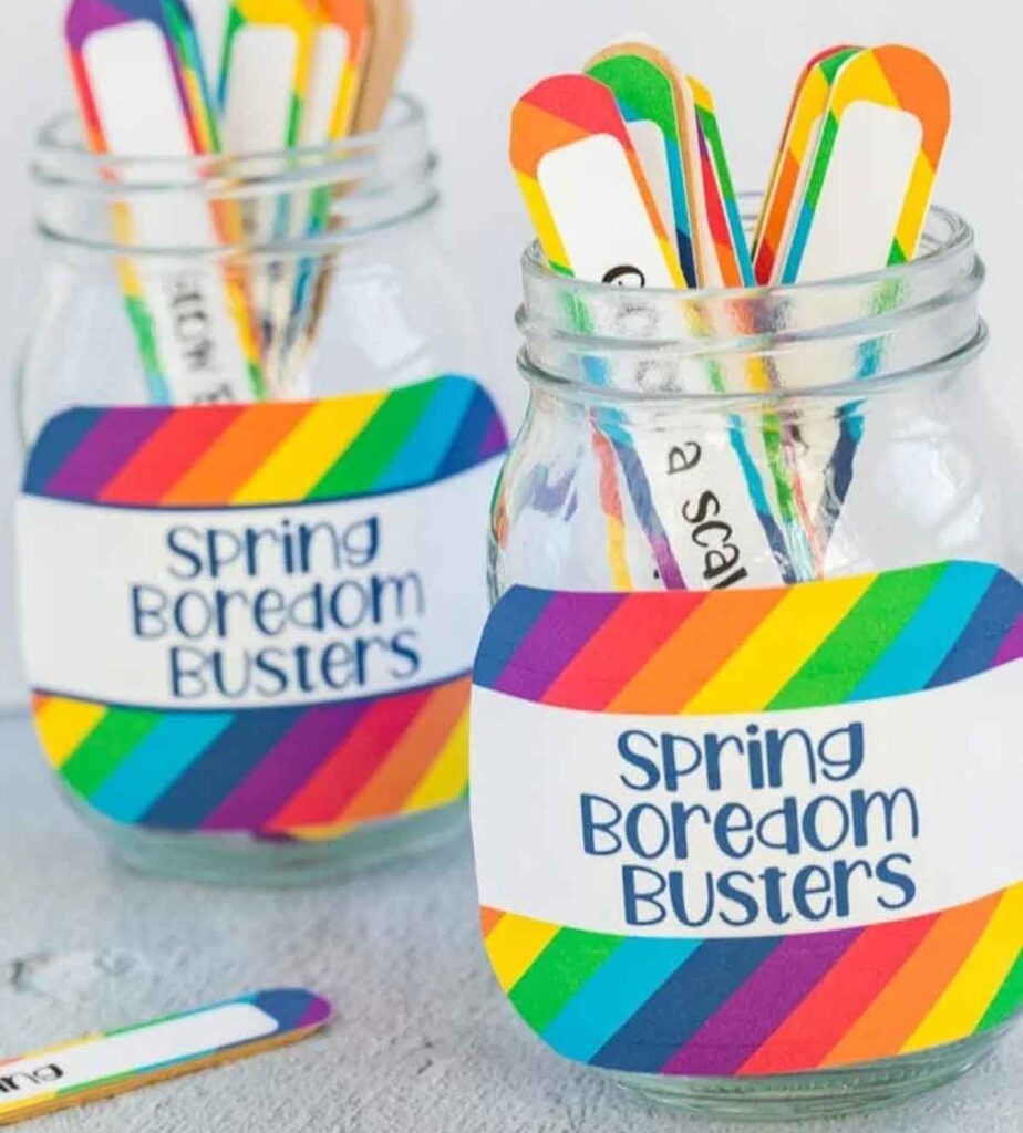 Jar of sticks with spring boredom buster activities written on it.