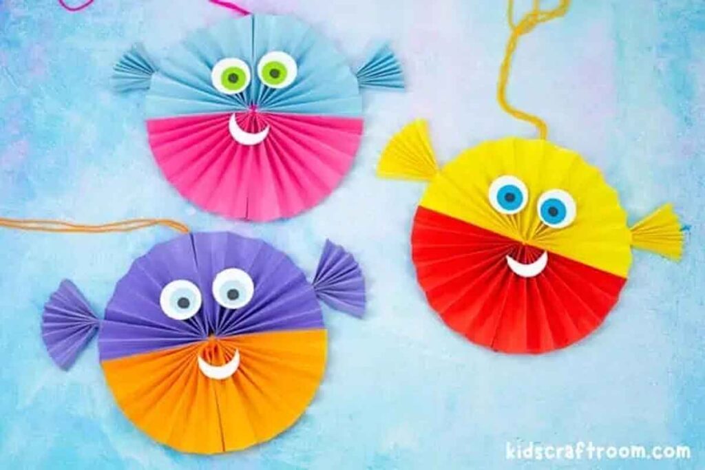 colorful Paper Fan Pufferfish Craft by Kids Craft Room