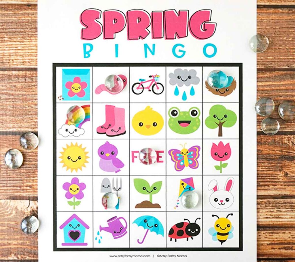 spring bingo page with each square taken with spring items like a frog, bunny, sun etc.