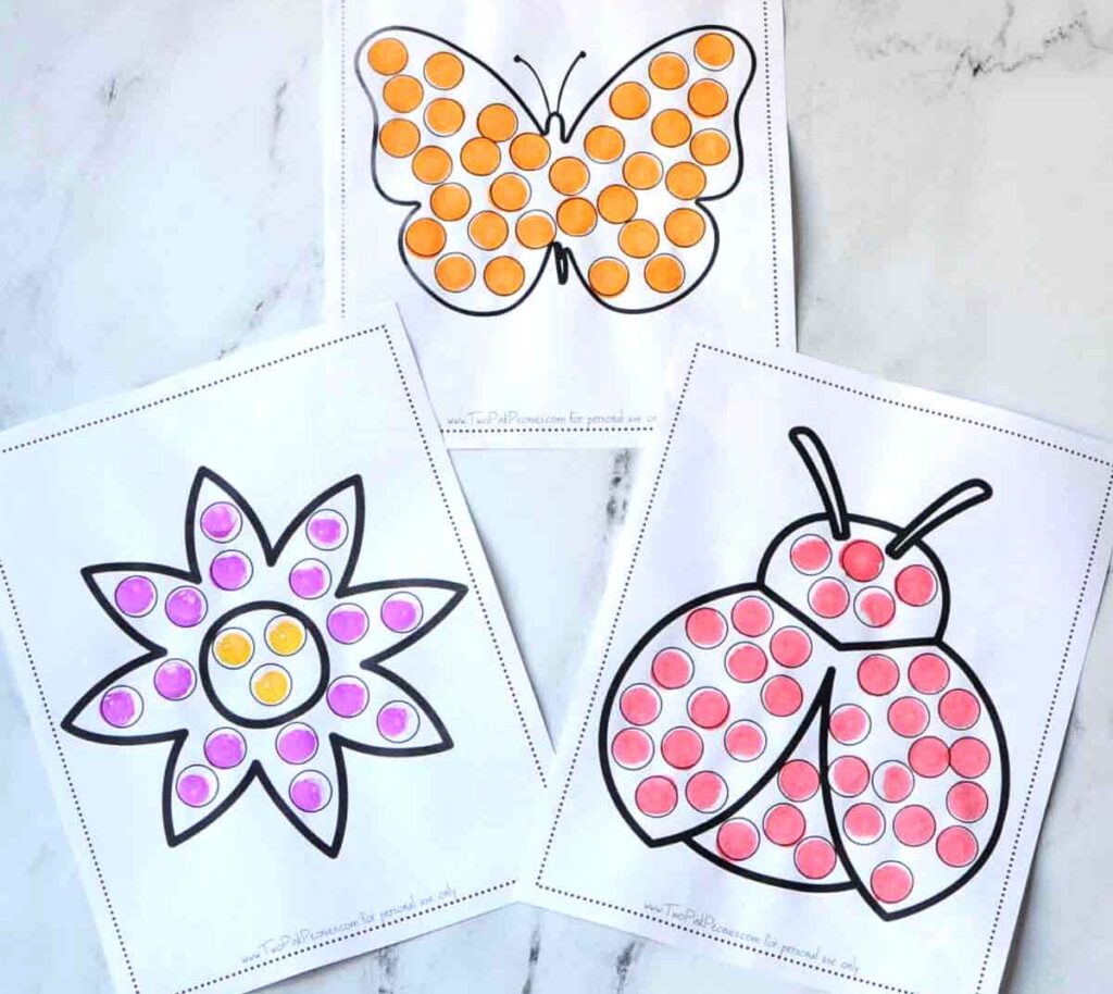 dot marker printables colored. butterfly, flower, and lady bug