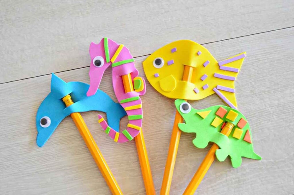 Foam Ocean Animal Pencil Toppers  by Homan at Home dolphin, sea horse, turtle and fish pencil toppers