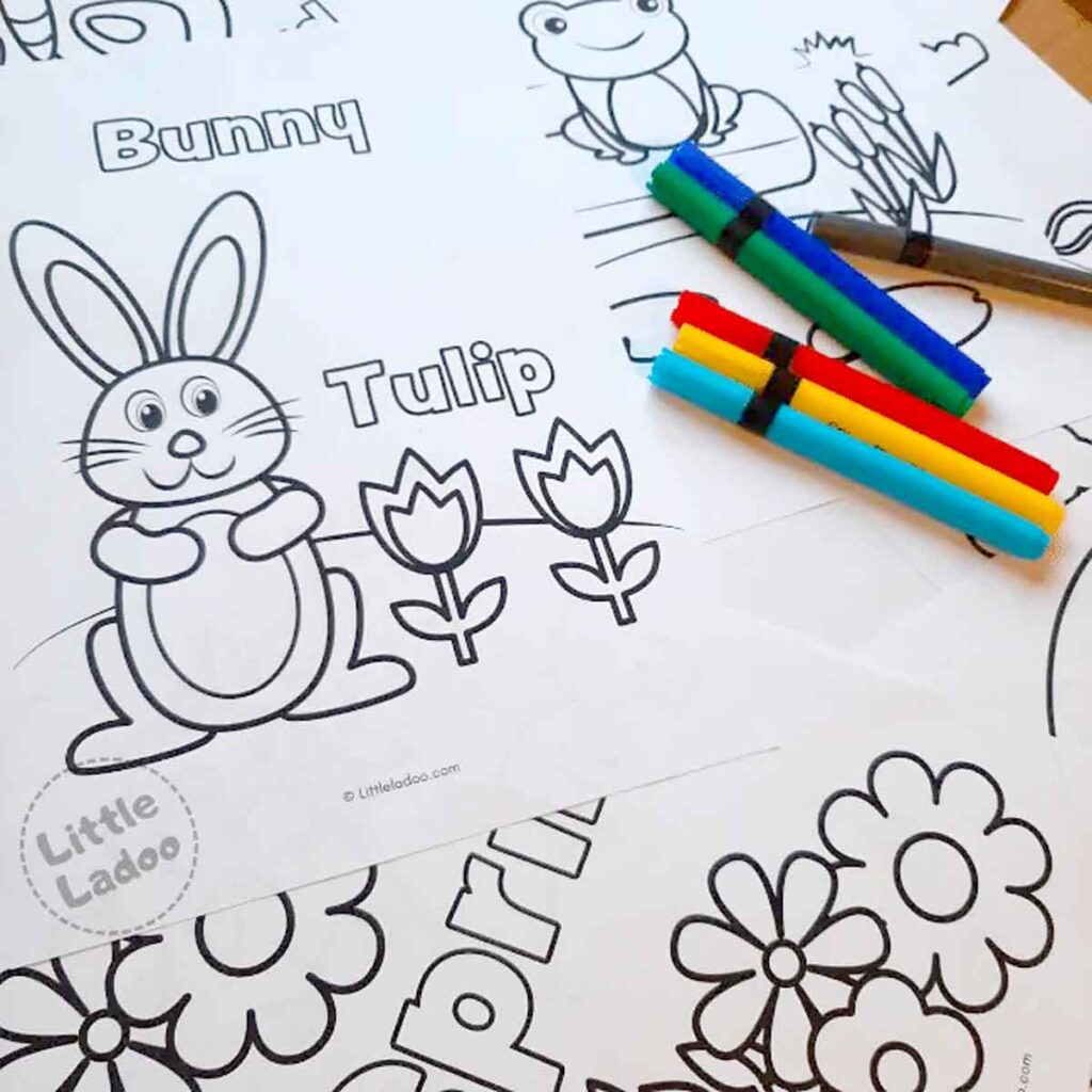 spring coloring pages with bunny tulips and flowers