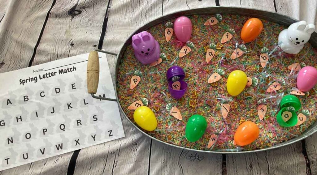 free spring printable letter activity and sensory bin with eggs and bunnies