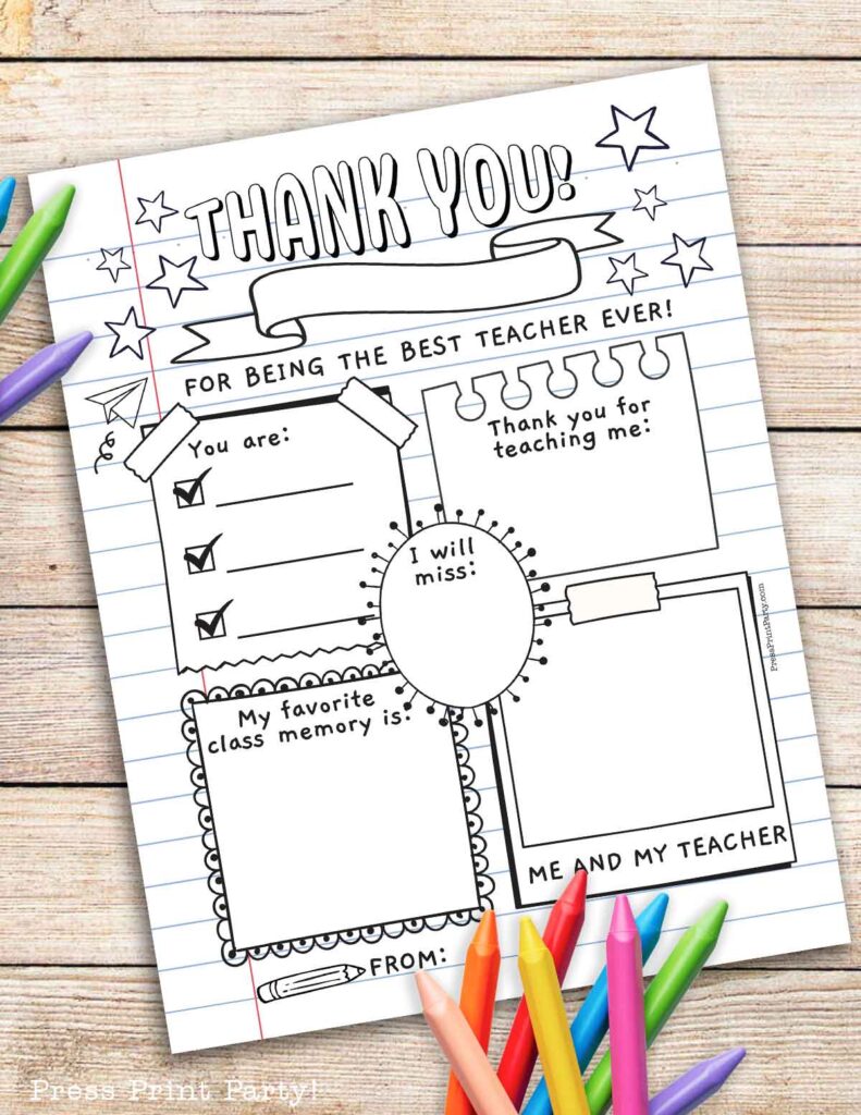 free coloring teacher appreciation page on wood with colorful crayons