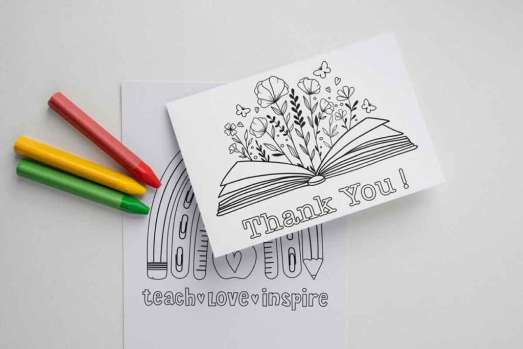 card with open book and card with a rainbow for teacher