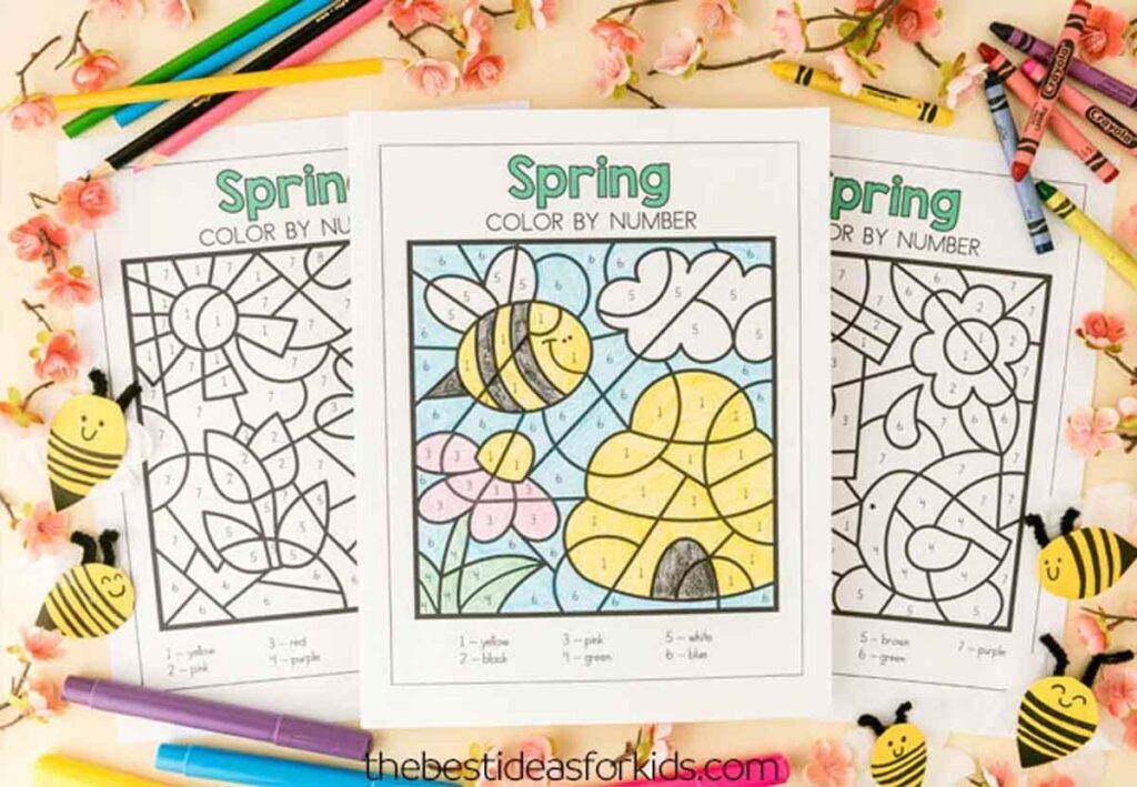 Spring color by number printables with flowers, bee, bee hive. colored.