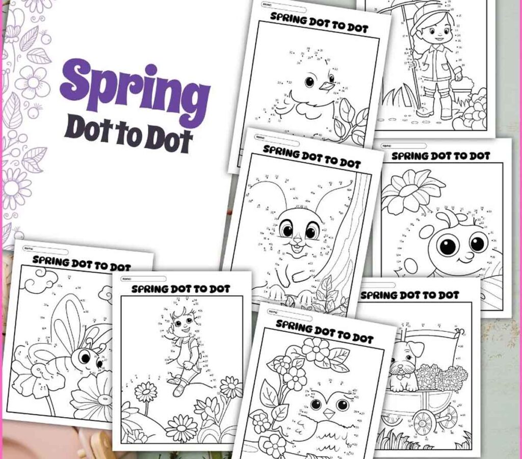 dot to dot coloring pages, bug, bunny, and owl.