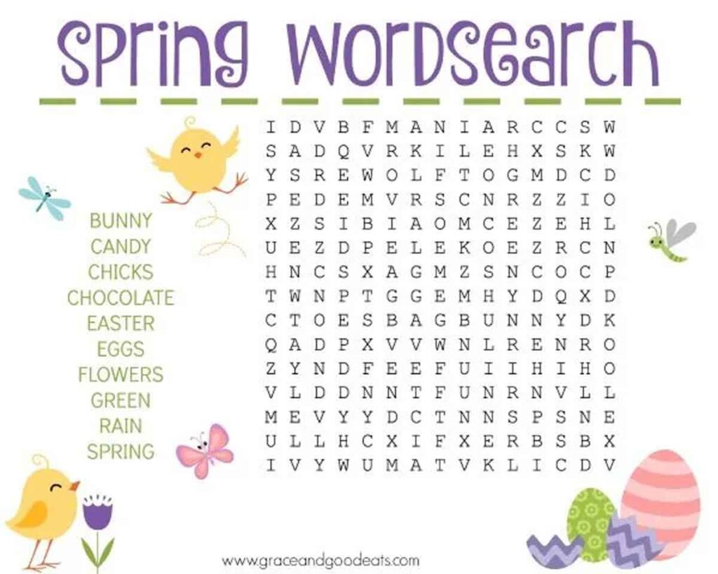 spring wordsearch with flowers and chicks.