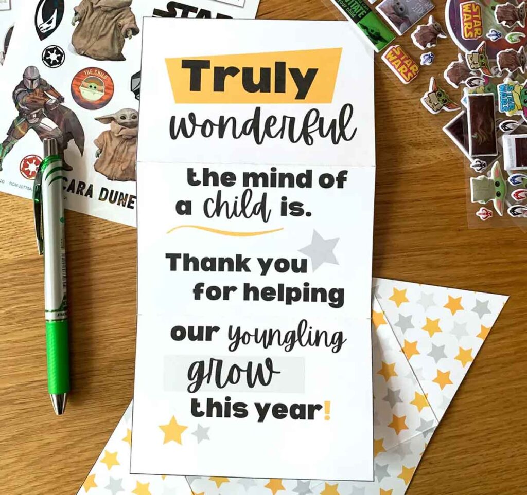 star wars themes thank you teacher card with star wars stickers Truly wonderful the mink of a child is thank you for helping your youngling grow this year