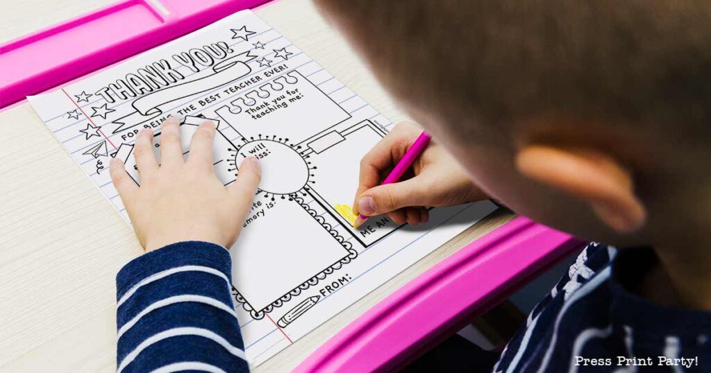 boy coloring a free printable teacher thank you page with questions