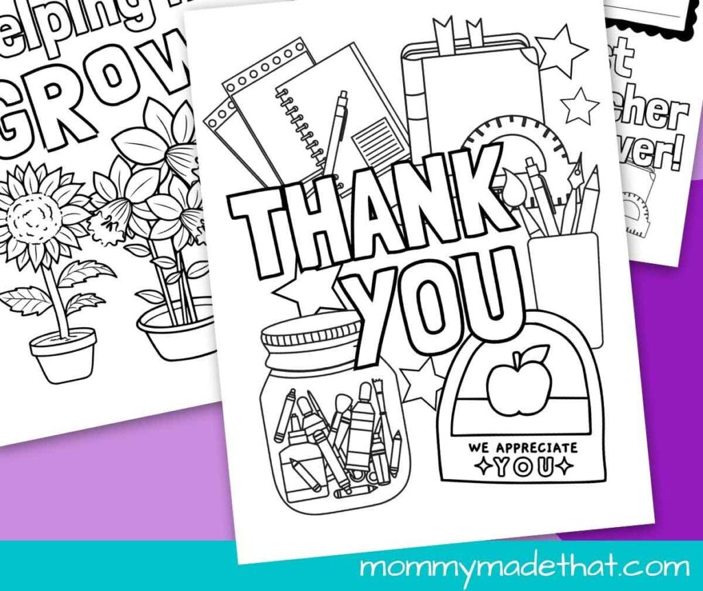 thank you coloring page with school supplies for teacher appreciation