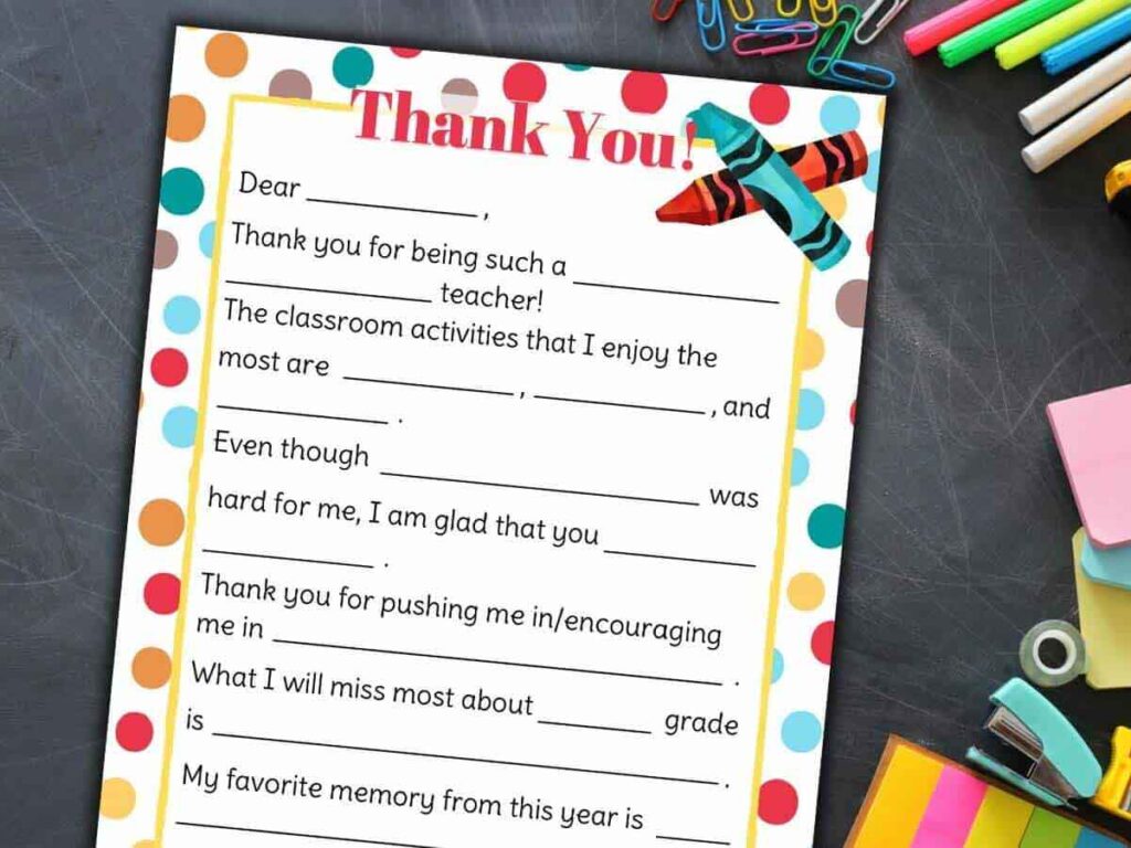 Thank you letter for teacher with fill in the blank
