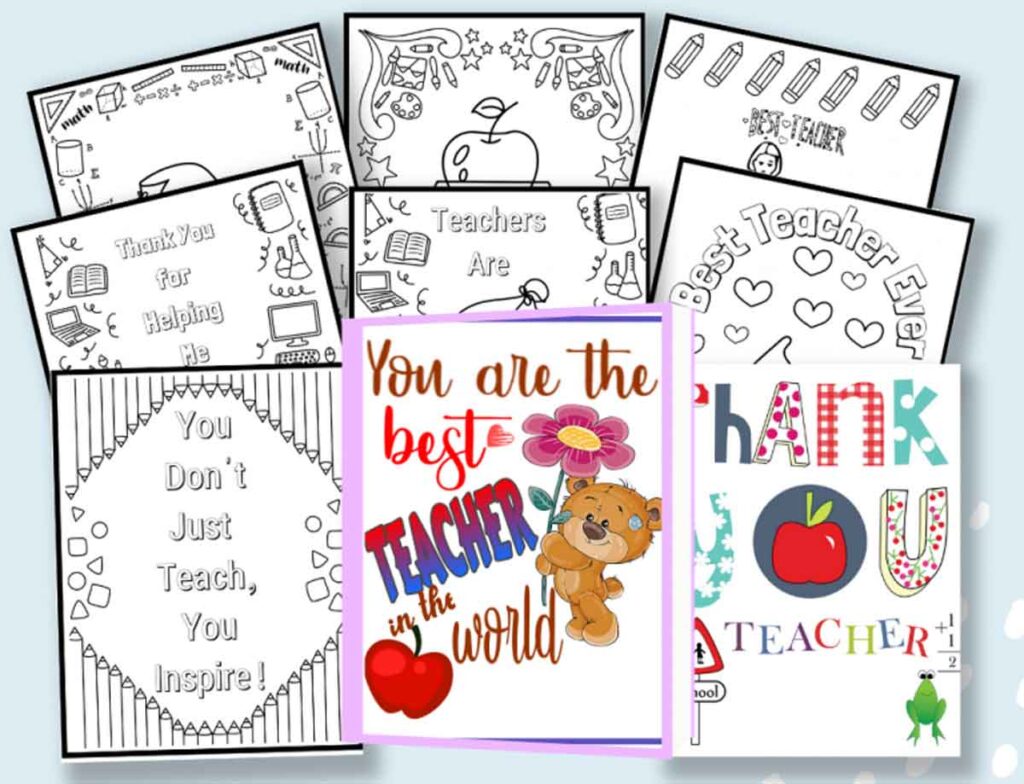 9 different coloring pages with teacher quotes and thank you messages