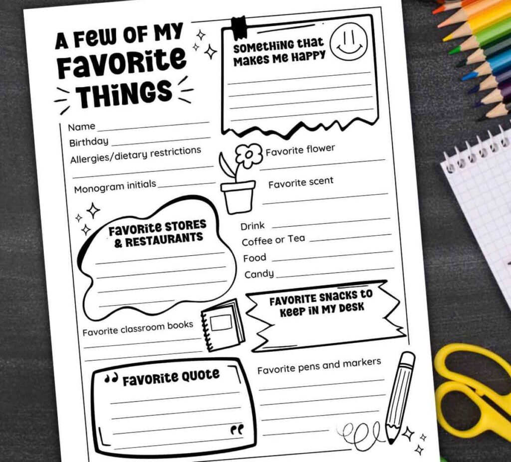a few of my favorite things coloring page with fill in the blanks for teacher appreciation day