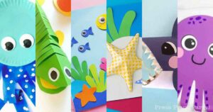 under the sea crafts for kids featured image with paper fish, starfish, octopus, shark and more. Press Print Party!