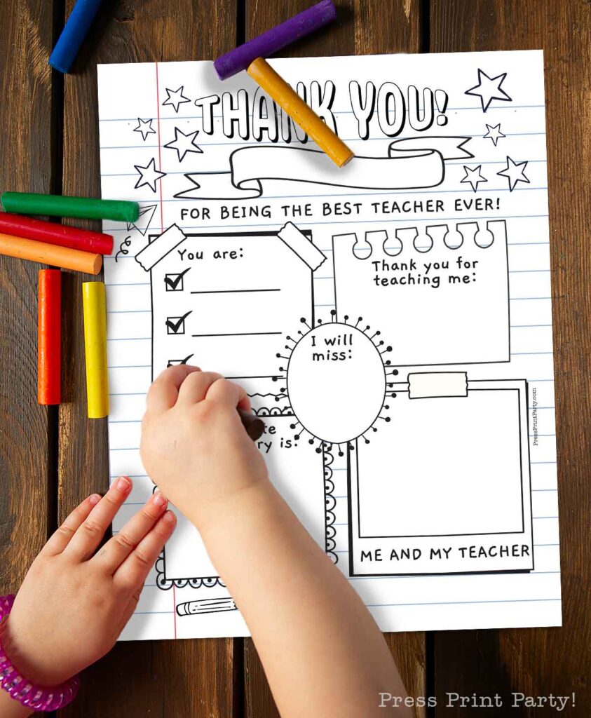 young kid coloring a thank you page for his teacher