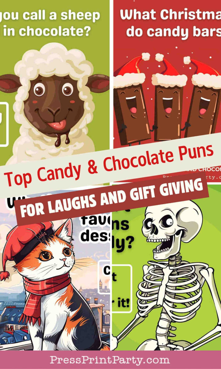 A collage features cartoon images of a sheep, candy bars, a cat in a Santa hat, and a skeleton with chocolate puns and candy-related text. Banners read: "Top Candy & Chocolate Puns" and "For Laughs and Gift Giving.
