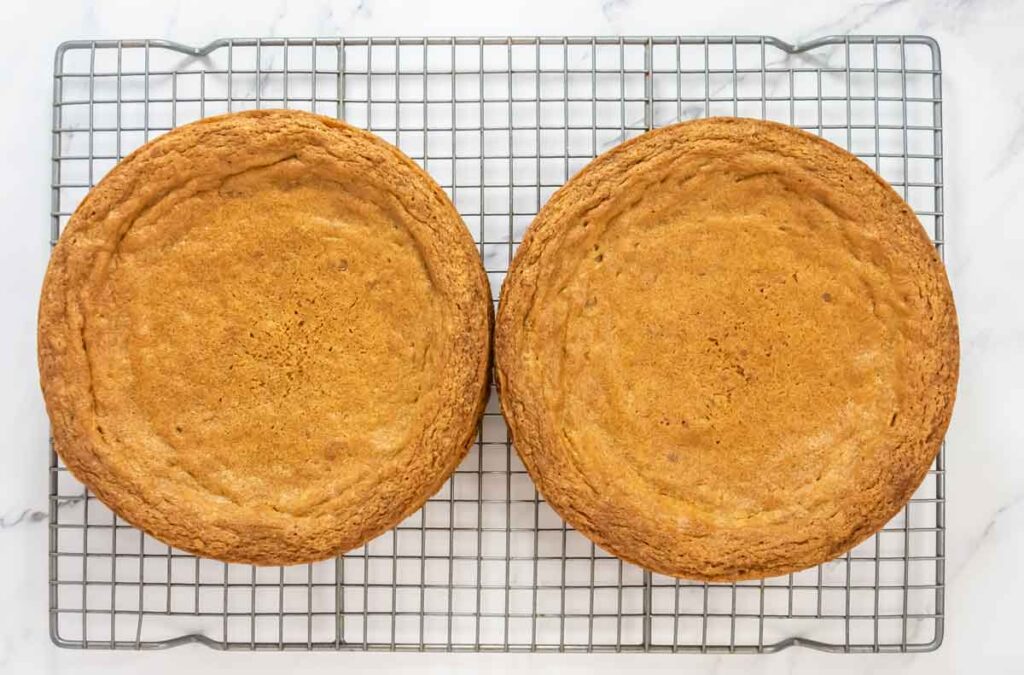 2 cakes side by side just out of the over on a tray