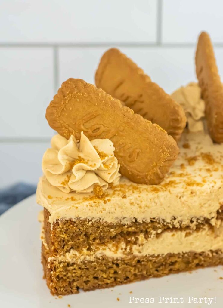 2 layer cake slice with buttercream and cookie on top