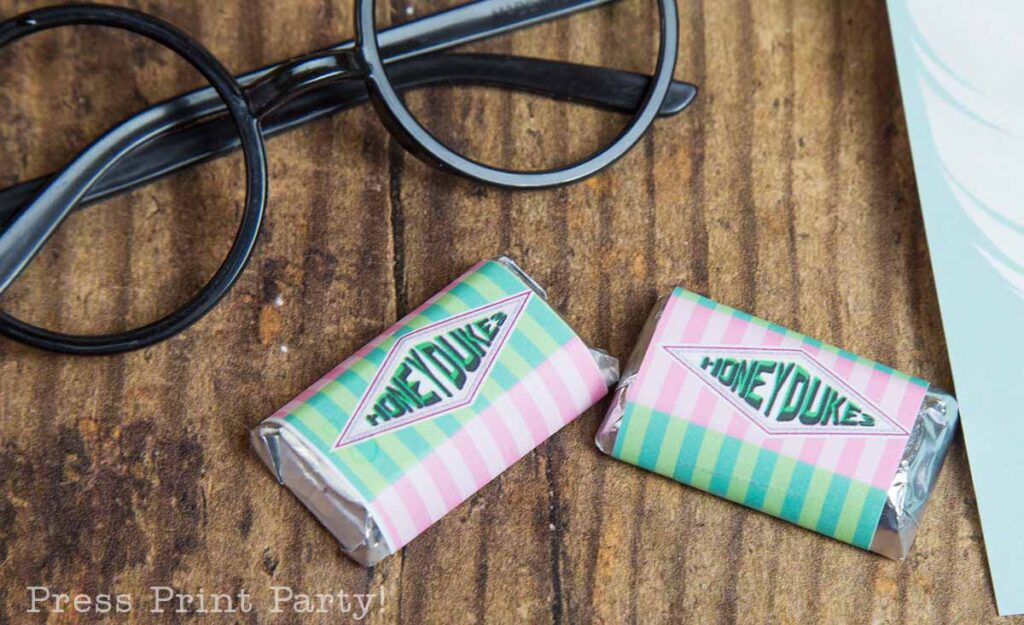 honeydukes mini chocolates. free printable honeydukes chocolate wrapper for hershey minis.